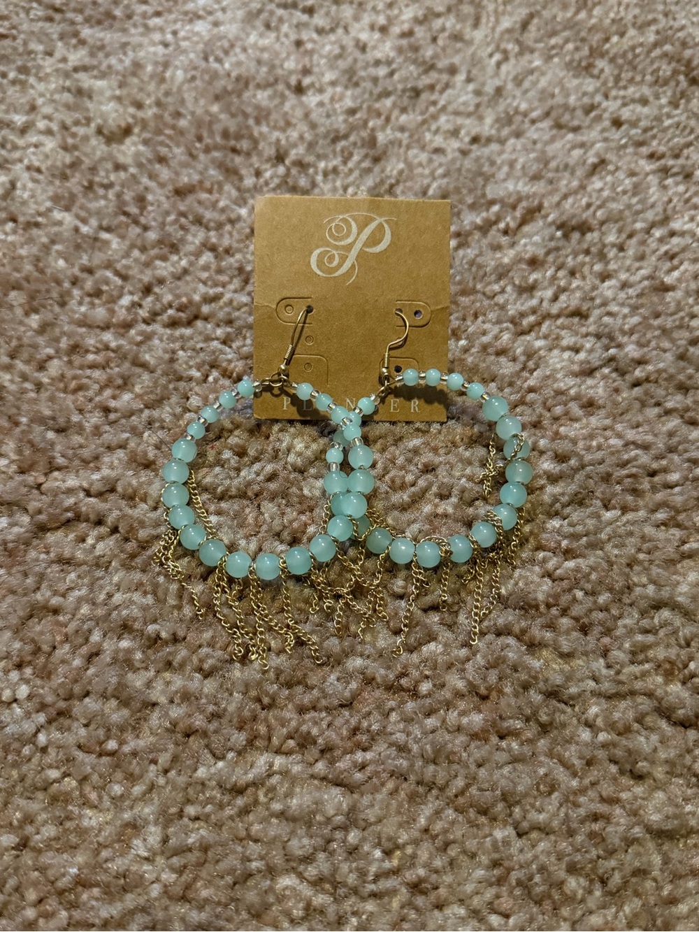 Plunders- beautiful Gold Hoop Earrings with Mint Beads and Fringe